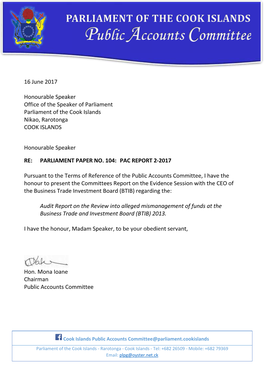 Evidence Session: Cook Islands Audit Office Parliament Paper No. 43