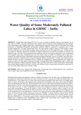 Water Quality of Some Moderately Polluted Lakes in GHMC – India
