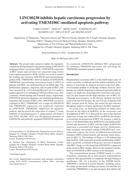 LINC00238 Inhibits Hepatic Carcinoma Progression by Activating TMEM106C‑Mediated Apoptosis Pathway