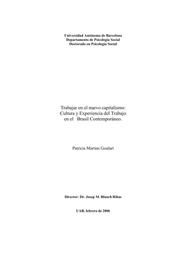 Trabajar En El Nuevo Capitalismo: Cultura Y Experiencia Del Trabajo