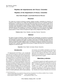 Reptiles Del Departamento Del Chocó, Colombia Reptiles of the Department of Chocó, Colombia