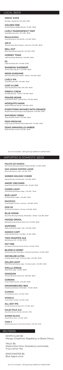 Local Beer Imported & Domestic Beer Seltzers