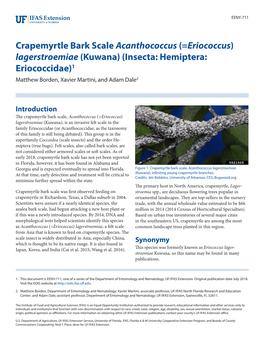 Crapemyrtle Bark Scale Acanthococcus (=Eriococcus) Lagerstroemiae (Kuwana) (Insecta: Hemiptera: Eriococcidae)1 Matthew Borden, Xavier Martini, and Adam Dale2