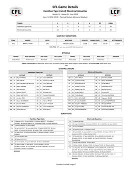 CFL Game Details Hamilton Tiger-Cats @ Montreal Alouettes Week #-1 - Game #9 - Year 2018 June 9, 2018-12:00 - Percival Molson Memorial Stadium