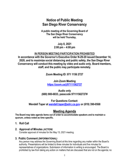 Notice of Public Meeting San Diego River Conservancy