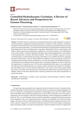 Controlled Hydrodynamic Cavitation: a Review of Recent Advances and Perspectives for Greener Processing