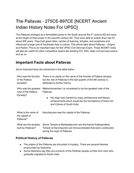 The Pallavas - 275CE-897CE [NCERT Ancient Indian History Notes for UPSC]