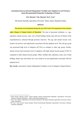 Association Between Selected Independent Variables and Adoption Level of Farmers About Recommended Production Technology of Fennel