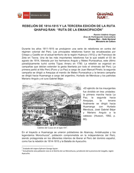 Rebelión De 1814-1815 Y La Tercera Edición De La Ruta Qhapaq Ñan: “Ruta De La Emancipación”