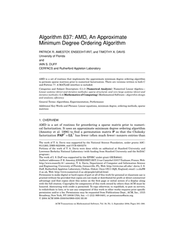 AMD, an Approximate Minimum Degree Ordering Algorithm