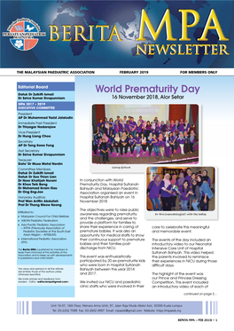 World Prematurity Day Datuk Dr Zulkifli Ismail Dr Selva Kumar Sivapunniam 16 November 2018, Alor Setar