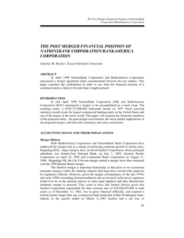 The Post Merger Financial Position of Nationsbank Corporation/Bankamerica Corporation