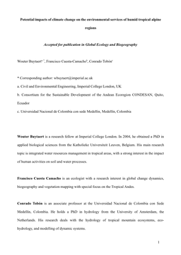 Potential Impacts of Climate Change on the Environmental Services of Humid Tropical Alpine Regions Accepted for Publication in G