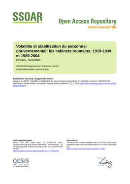 Volatilite Et Stabilisation Du Personnel Gouvernemental: Les Cabinets Roumains; 1919-1939 Et 1989-2004 Ionașcu, Alexandra