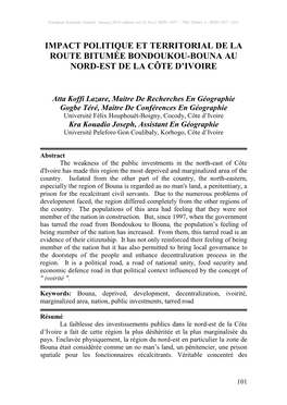 Impact Politique Et Territorial De La Route Bitumée Bondoukou-Bouna Au Nord-Est De La Côte D'ivoire