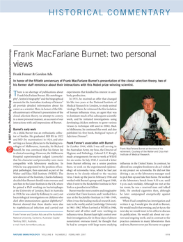 Frank Macfarlane Burnet: Two Personal Views