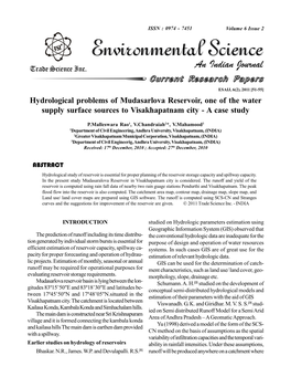 Hydrological Problems of Mudasarlova Reservoir, One of the Water Supply Surface Sources to Visakhapatnam City - a Case Study