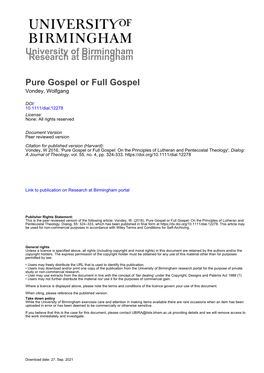 University of Birmingham Pure Gospel Or Full Gospel