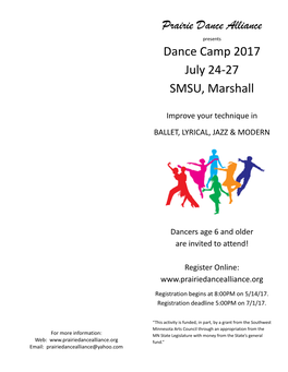 Dance Camp 2017 July 24-27 SMSU, Marshall