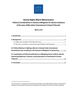 Human Rights Watch Memorandum Political Considerations in Sentence Mitigation for Serious Violations of the Laws of War Before International Criminal Tribunals1
