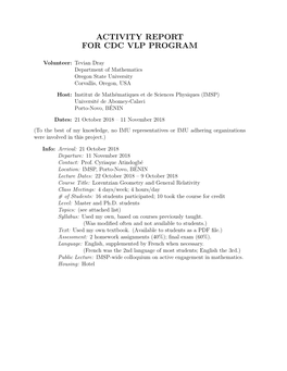 Activity Report for Cdc Vlp Program