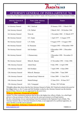 ATTORNEY GENERAL of INDIA (ARTICLE 76) Article 76 of the Indian Constitution Under Its Part-V Deals with the Position of Attorney General of India