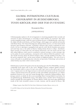 Global Intimations: Cultural Geography in Buddenbrooks, Tonio Kröger, and Der Tod in Venedig