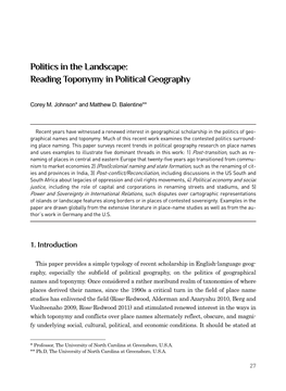 Politics in the Landscape: Reading Toponymy in Political Geography