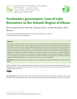 Case of Lake Bosomtwe in the Ashanti Region of Ghana