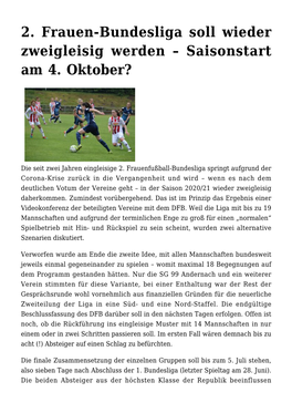 2. Frauen-Bundesliga Soll Wieder Zweigleisig Werden &#8211; Saisonstart Am 4. Oktober?