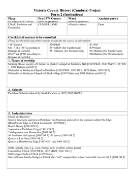 Cumbria) Project Form 2 (Institutions) Place Pre-1974 County Ward Ancient Parish (I.E