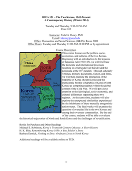 HIEA 151 – the Two Koreas, 1945-Present: a Contemporary History (Winter 2014)