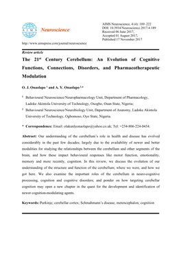 The 21St Century Cerebellum: an Evolution of Cognitive Functions, Connections, Disorders, and Pharmacotherapeutic Modulation