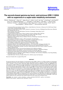 The Second-Closest Gamma-Ray Burst: Sub-Luminous GRB 111005A with No Supernova in a Super-Solar Metallicity Environment Michał J