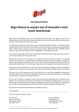 Bega Cheese to Acquire One of Australia's Most Iconic Food Brands