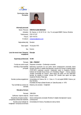 Curriculum Vitae Europass Informańii Personale Nume / Prenume