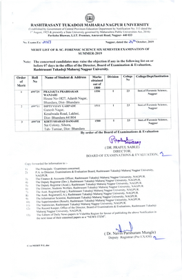 Merit List of B.Sc. Forensic Science Six Semester Examination of Summer 2019