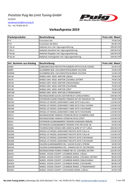 Preisliste Puig No Limit Tuning Gmbh Verkaufspreise 2019