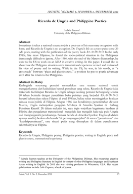 Ricardo De Ungria and Philippine Poetics