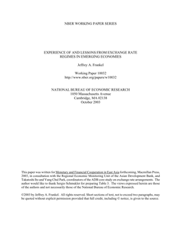 Nber Working Paper Series Experience of and Lessons