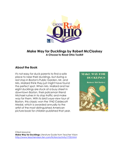 Make Way for Ducklings by Robert Mccloskey a Choose to Read Ohio Toolkit