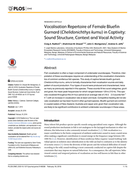 Vocalisation Repertoire of Female Bluefin Gurnard (Chelidonichthys Kumu) in Captivity: Sound Structure, Context and Vocal Activity