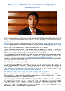 La HCC Confirme La Majorité Absolue D'andry Rajoelina