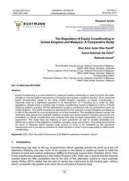 The Regulation of Equity Crowdfunding in United Kingdom and Malaysia: a Comparative Study