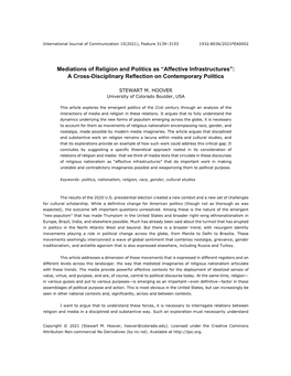 Mediations of Religion and Politics As “Affective Infrastructures”: a Cross-Disciplinary Reflection on Contemporary Politics