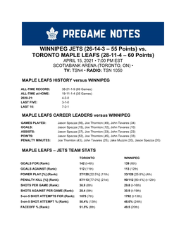 Vs. TORONTO MAPLE LEAFS (28-11-4 – 60 Points) APRIL 15, 2021 ▪ 7:00 PM EST SCOTIABANK ARENA (TORONTO, ON) ▪ TV: TSN4 ▪ RADIO: TSN 1050