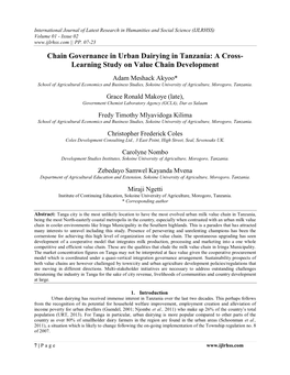 Chain Governance in Urban Dairying in Tanzania: a Cross- Learning Study on Value Chain Development