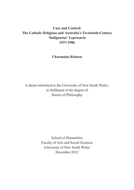 Care and Control: the Catholic Religious and Australia's Twentieth