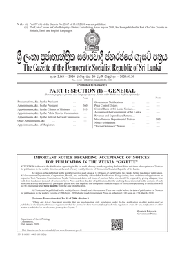 The Gazette of the Democratic Socialist Republic of Sri Lanka Wxl 2"168 – 2020 Ud¾;= Ui 20 Jeks Isl=Rdod – 2020'03'20 No