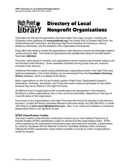 Directory of Local Nonprofit Organizations Page 1 Serving the Greater High Point Area (2020)